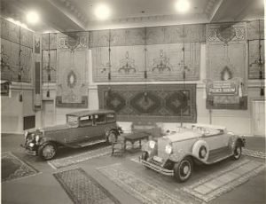 Pierce-Arrow Showroom, 1929. Can't you just see cases of motor oil stacked up in a pyramid on one of these rugs with a big "Boss is Gone Sale" poster?